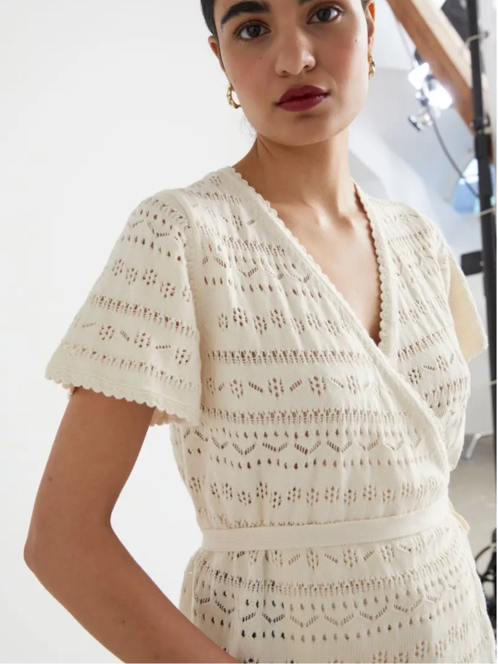 & Other Stories Paris Atelier Crochet Wrap Top Cream Tie Front Boho Size S